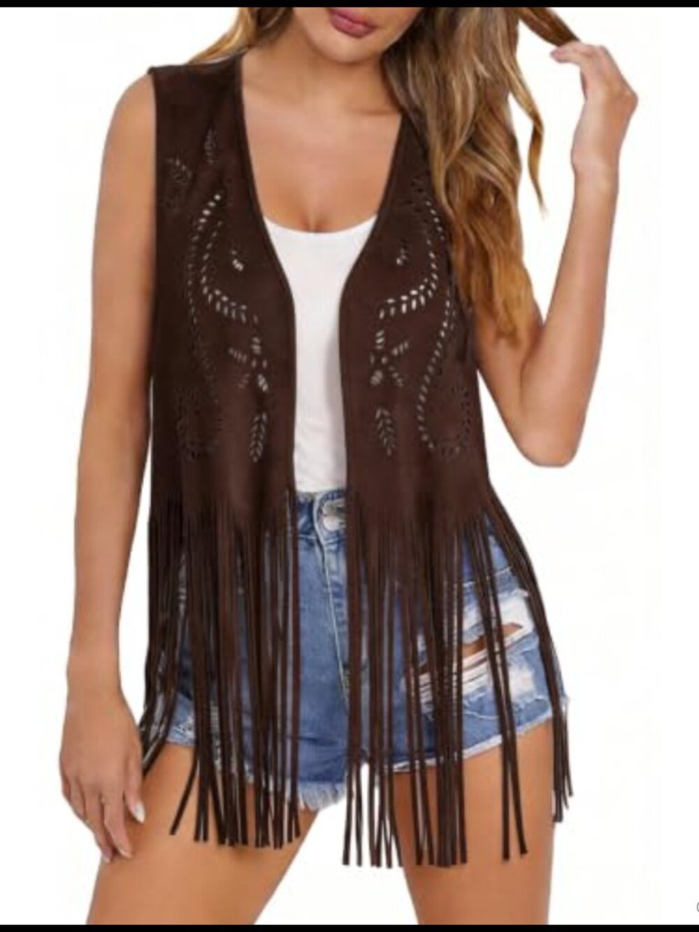 Faux Suede Fringe Vest Western Cowgirl Cutout Sleeveless